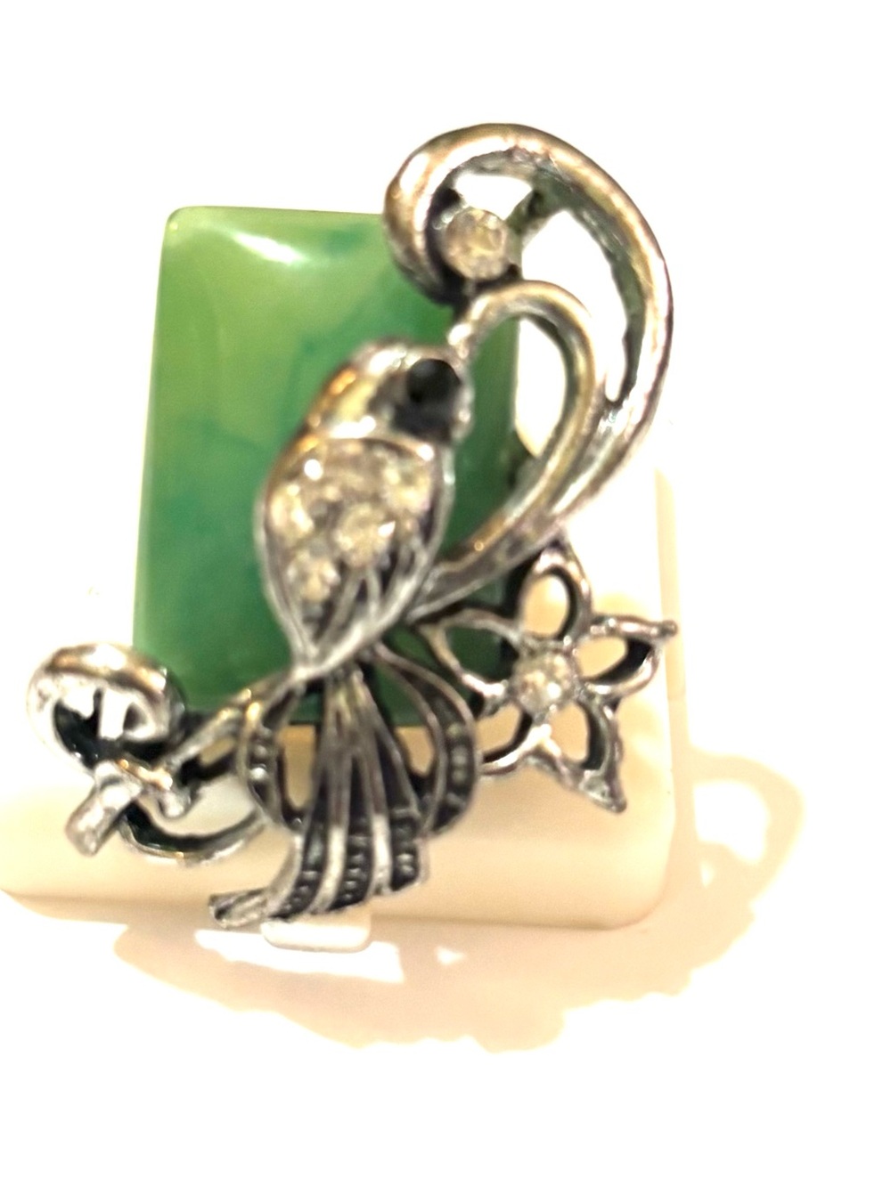 Green Stone Silver-Tone Bird ring- Green Accent one size adjustable